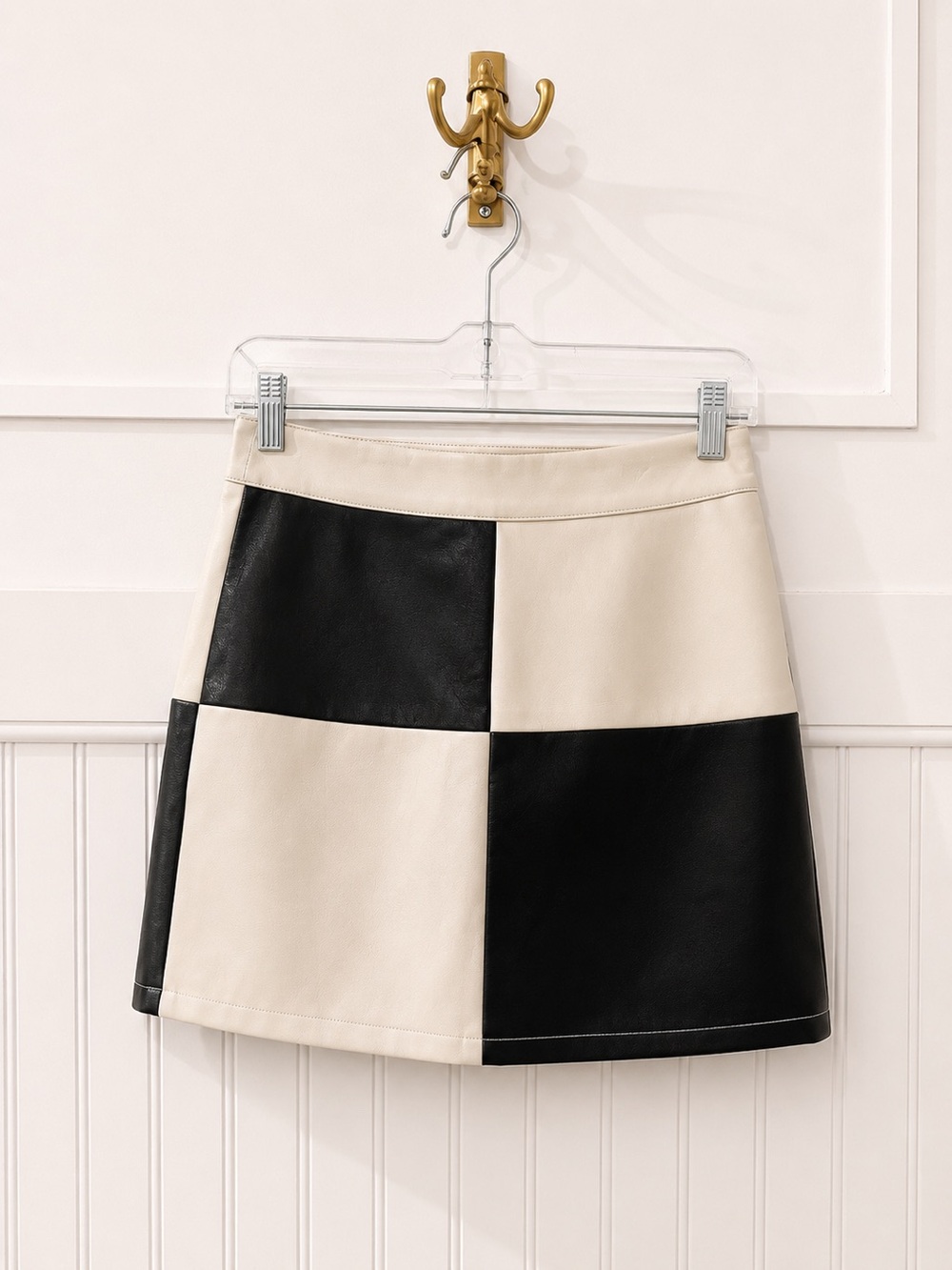 Altar'd State Black and Cream Colorblock Mini Skirt Faux Leather
